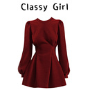 赫本风红色长袖 连衣裙女秋冬富家千金感穿搭礼服收腰显瘦A字短裙