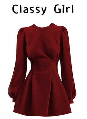 赫本风红色长袖连衣裙女秋冬富家千金感穿搭礼服收腰显瘦A字短裙