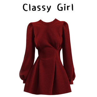 赫本风红色长袖连衣裙女秋冬富家千金感穿搭礼服收腰显瘦A字短裙