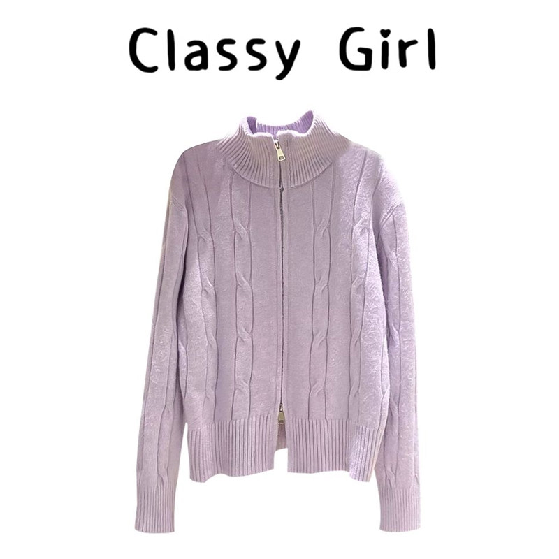 氛围感麻花高领双拉链长袖针织开衫女秋冬季甜美软糯毛衣外套上衣