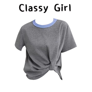 夏季 撞色褶皱宽松设计感显瘦别致上衣 T恤女2026新款 不规则短袖