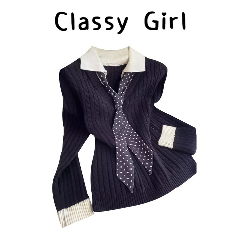 韩系设计感黑色拼色假两件波点领带长袖针织衫女绝美内搭毛衣上衣,女装/女士精品,大码内搭,淘宝优惠券,粉丝福利购,淘宝优惠卷