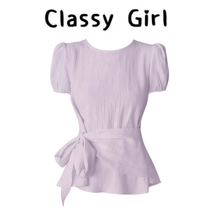 新款 紫色小众设计显瘦减龄上衣潮 收腰系带上衣女夏季 淑女风泡泡袖