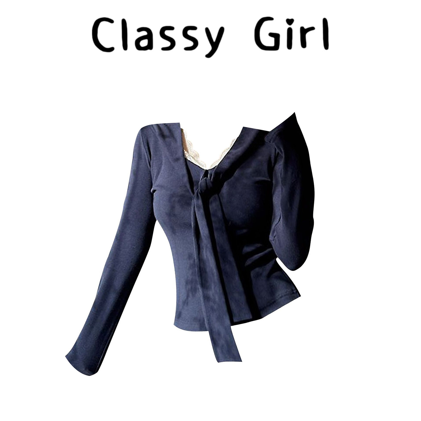 法式蕾丝小众藏蓝系带长袖t恤