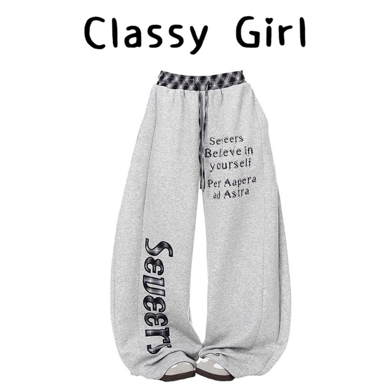 超好看灰色卫裤女秋美式复古格纹拼接字母弯刀潮牌运动宽松阔腿裤,女装/女士精品,休闲裤,淘宝优惠券,粉丝福利购,淘宝优惠卷