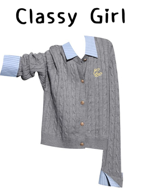 早秋韩系灰色假两件POLO针织衫女设计感显瘦经典麻花纹显瘦毛衣