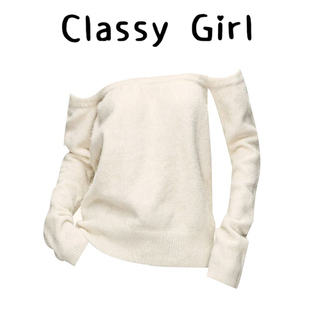 女秋冬辣妹独特好看白色上衣 软糯一字肩毛衣打底衫 Classy girl