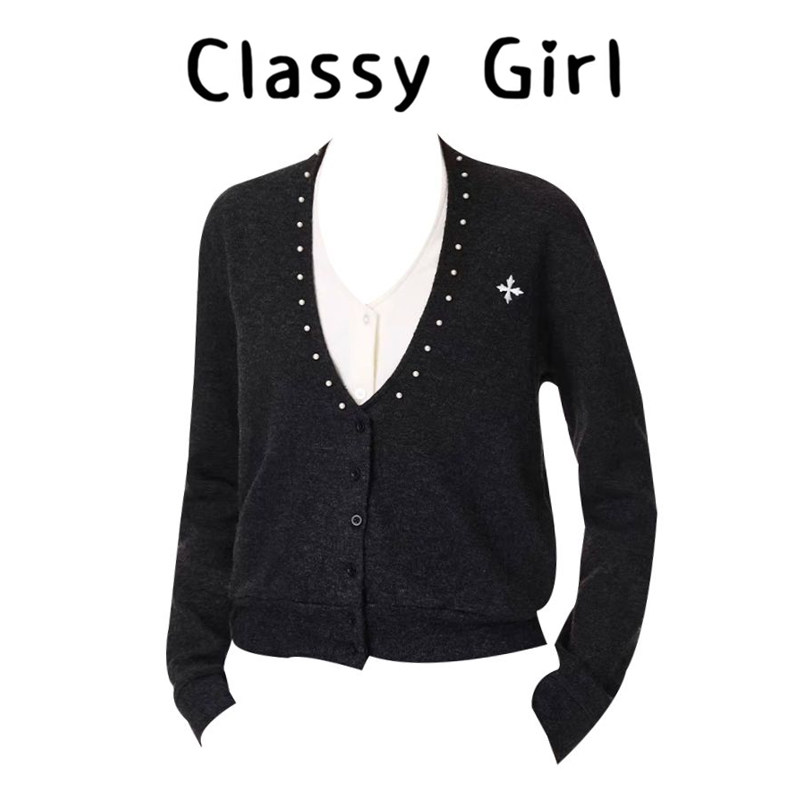 假两件钉珠毛衣开衫女2025秋冬韩系设计感保暖v领长袖外搭上衣,女装/女士精品,大码内搭,淘宝优惠券,粉丝福利购,淘宝优惠卷