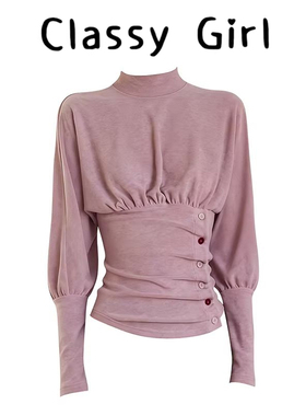 Classy girl 「云漫」新中式高领T恤修身收腰褶皱纽扣针织打底衫