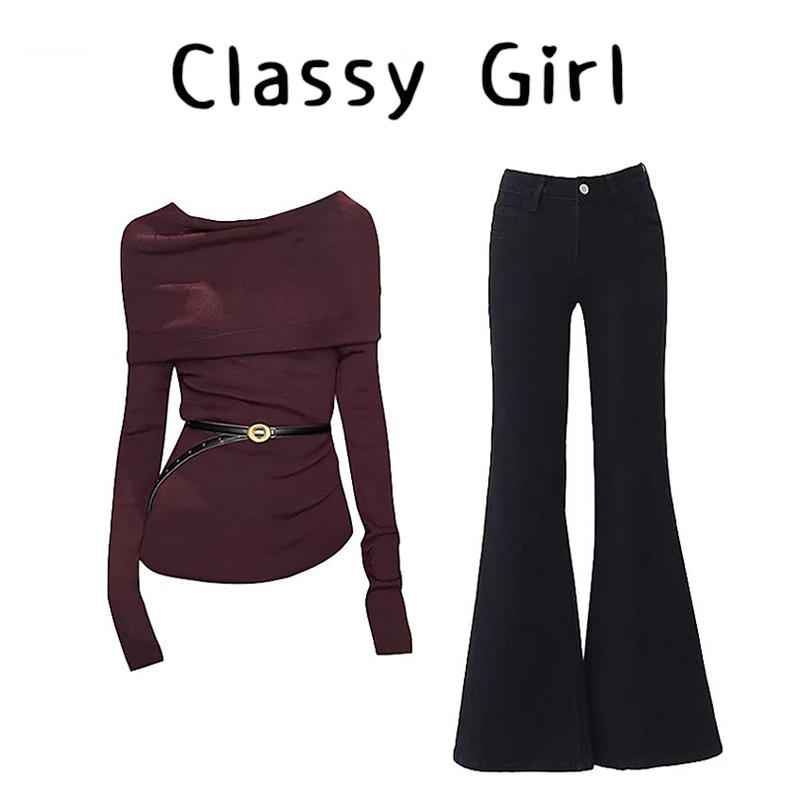 秋冬休闲显瘦针织衫微喇裤套装