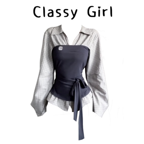 春夏韩系假两件气质格纹衬衫上衣