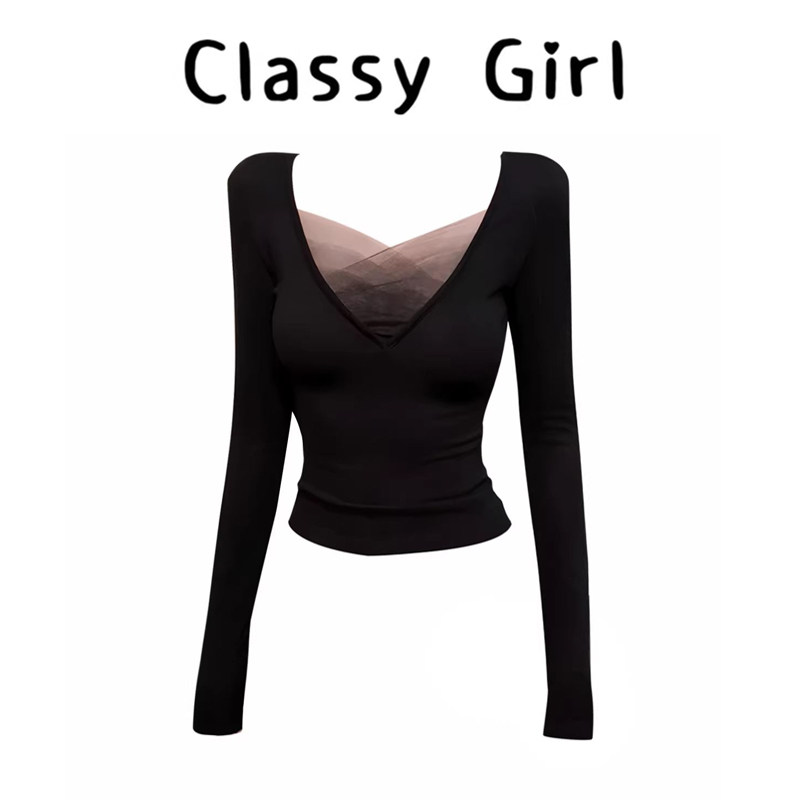 秋冬辣妹风百搭显瘦修身V领上衣