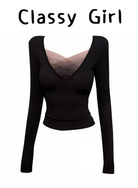 气质显瘦V领网纱拼接长袖T恤女秋冬辣妹风修身百搭黑色打底衫上衣