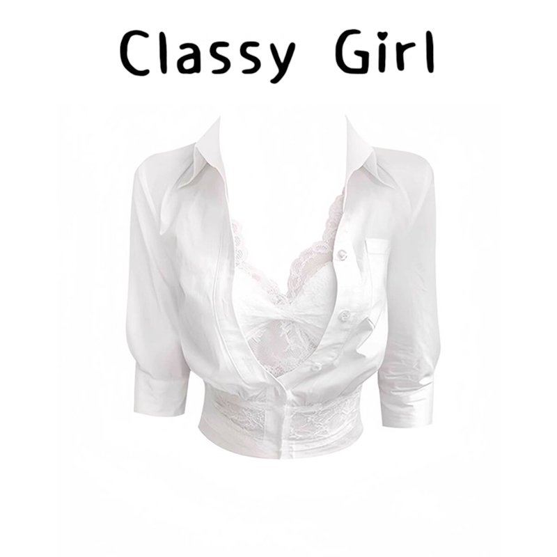 秋冬叠穿内搭白色Polo领蕾丝上衣