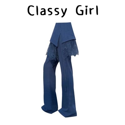 春季时尚高腰蕾丝屁帘微喇阔腿裤