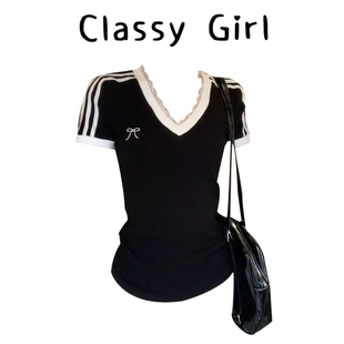 修身 黑色V领蕾丝正肩短袖 T恤女夏季 新款 绝美显瘦小上衣 设计感短款