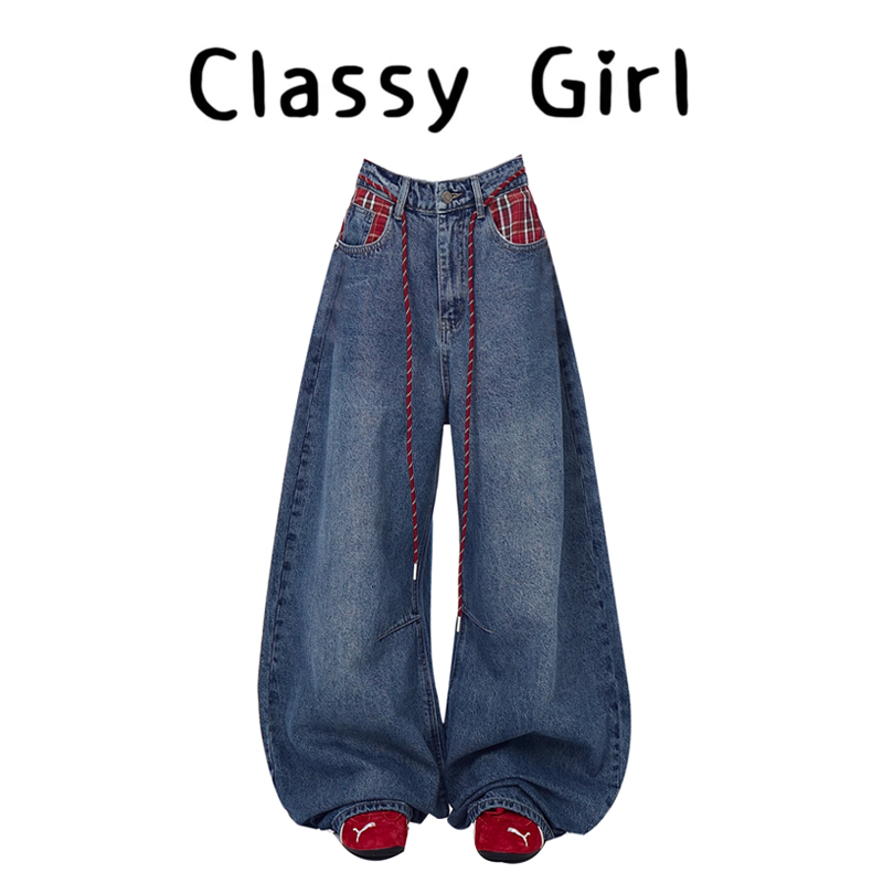 秋冬美式复古格子气质阔腿牛仔裤