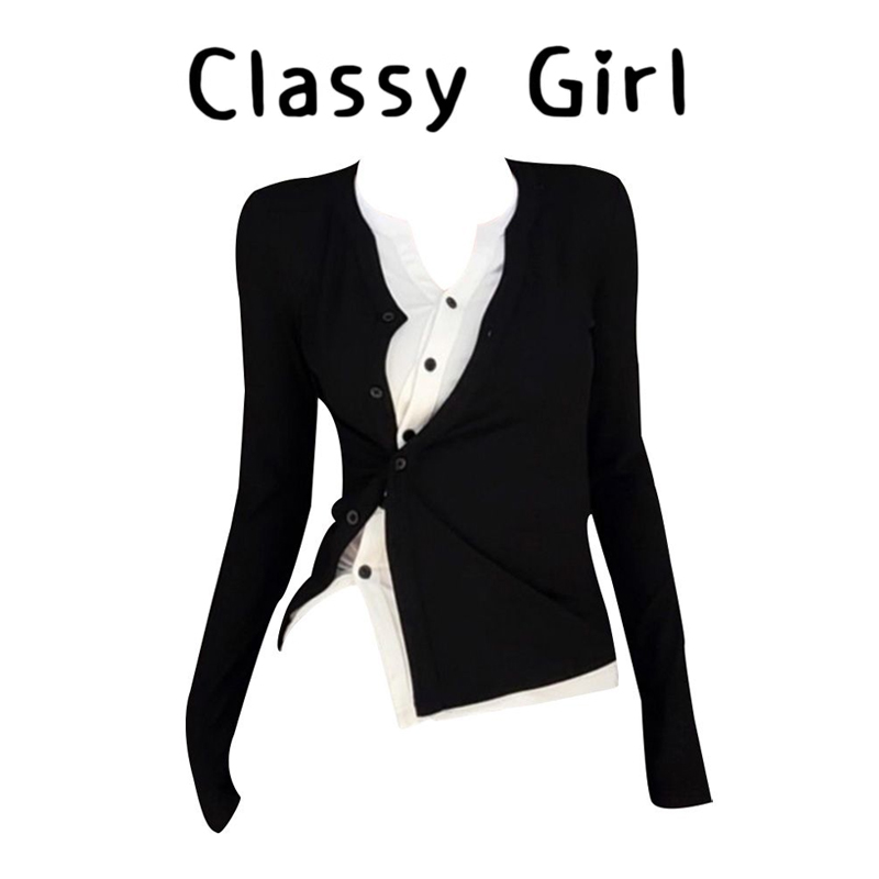 秋冬韩系假两件气质撞色V领上衣