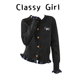 小狗日记 慵懒感设计感穿搭开衫 灰色拼接针织衫 新款 上衣 女冬季