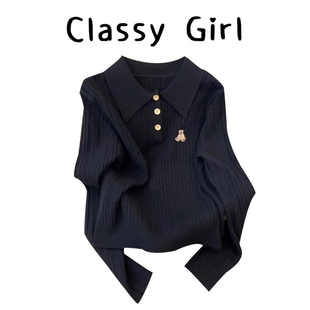 秋冬韩系奶乖小熊刺绣甜美Polo领麻花扭结温柔百搭显瘦长袖 上衣女