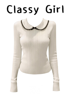 刺绣荷叶领上衣气质显瘦白色毛衣女秋冬设计感氛围感羊毛针织衫