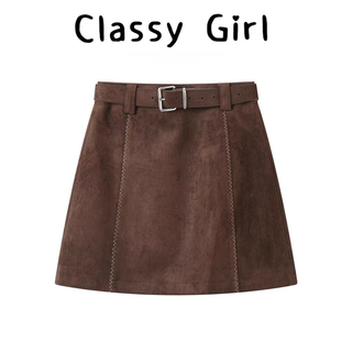美拉德棕色鹿皮绒半身裙女秋冬季 小个子包臀高腰a字日单咖色短裙