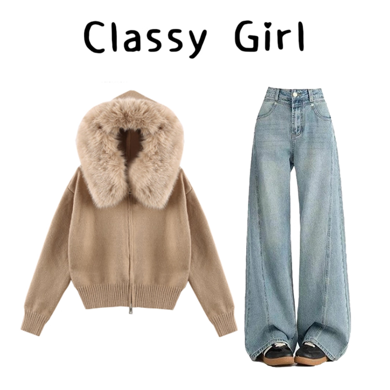 秋冬韩系显瘦气质开衫牛仔裤套装