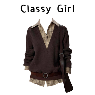 美拉德穿搭时尚 宽松休闲慵懒毛衣 格纹领拼接假两件针织上衣女秋季