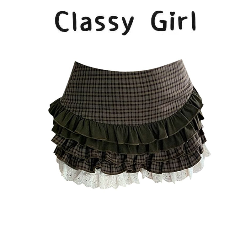 早秋复古格子蕾丝拼接蓬蓬半身裙