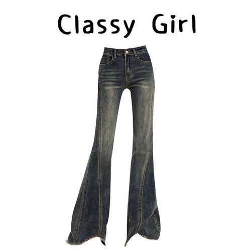 秋冬高腰修身复古微喇马蹄牛仔裤