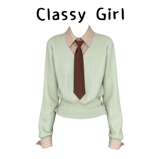 Classy girl 【薄荷年糕】韩系高智感精致薄荷绿格纹上衣含领带