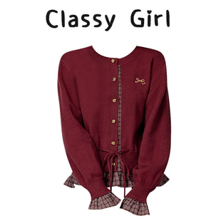 格子拼接毛衣外套收腰上衣 新款 红色假两件针织开衫 女春秋2025秋季