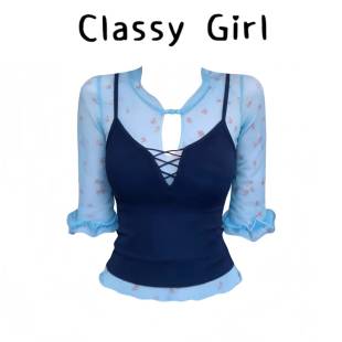 辣妹上衣 显瘦吊带背心夏季 甜薇少女碎花网纱短袖 T恤女设计感修身