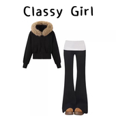 超好看 风两件套女 时尚 法式 极简风休闲大毛领拉链外套宽松拖地裤