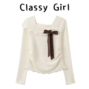 内搭收腰上衣 木耳边长袖 设计感绑带斜领针织打底衫 女2025秋冬新款