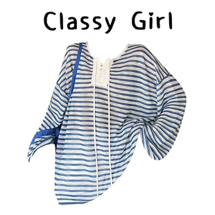 T恤2025新款 Classy 女秋季 蓝色条纹设计感系带长袖 宽松上衣 girl