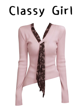 Classy girl 罗拉毛衣 韩系气质波点粉色丝带V领毛衣女冬季上衣