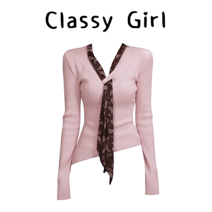 Classy girl 罗拉毛衣 韩系气质波点粉色丝带V领毛衣女冬季上衣