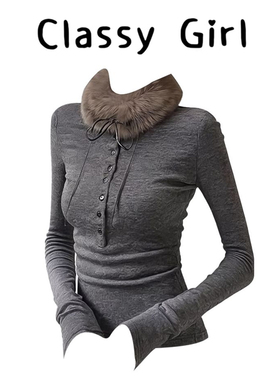 巨好看的灰色毛毛领内搭打底衫上衣女秋冬短款外穿超好看长袖t恤