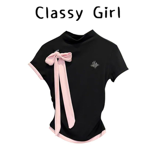 修身 t恤女春夏季 假两件设计感上衣 粉色蝴蝶结半高领短袖 2026新款
