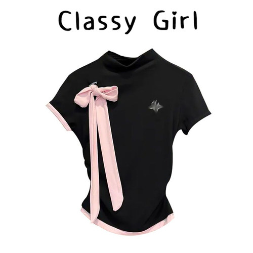 夏季韩系蝴蝶结半高领假两件上衣