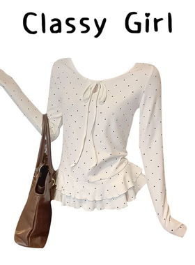 白色波点花边内搭打底衫女秋冬修身辣妹设计感显瘦长袖T恤小上衣