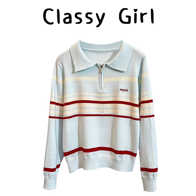 浅蓝色polo领撞色条纹毛针织衫