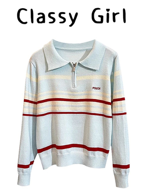 浅蓝色polo领撞色条纹毛针织衫女装韩系漂亮早秋小上衣绝美巨好看