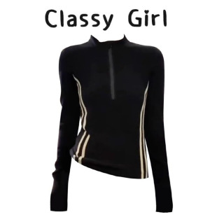 显瘦运动上衣冬 休闲高弹修身 复古撞色半拉链立领长袖 t恤女秋时尚