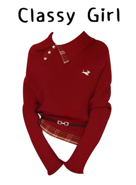 新年红色polo翻领套头针织毛衣女秋冬季收腰内搭打底衫不规则上衣