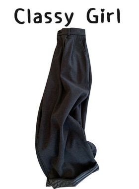 CHAO级推荐！韩系小众设计感裤脚翻边深灰色磨毛加厚阔腿裤女秋冬