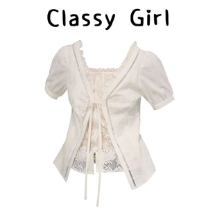 「云间芍药」假二件短袖衬衫女2026年新款白色设计感显瘦花边上衣