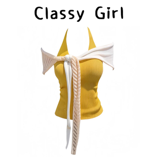 上衣 辣妹多巴胺风黄色撞色拼接系带披肩挂脖针织吊带女两件套夏季