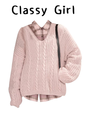 Classy girl 温柔风麻花纹V领套头毛衣女冬季新款宽松减龄上衣